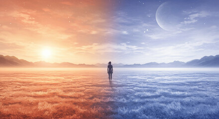 Fototapeta premium Woman Walking on Water Toward Distant Planet in Surreal Sky