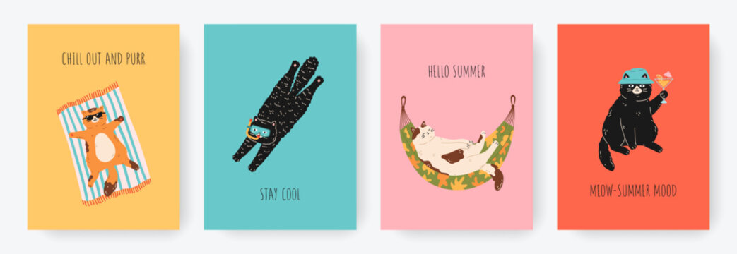 Funny cards or posters set of cute cats on summer vacation. Different cat characters enjoying summer holidays, diving, lies in hammock, drinking cocktail. Hand drawn cartoon illustration