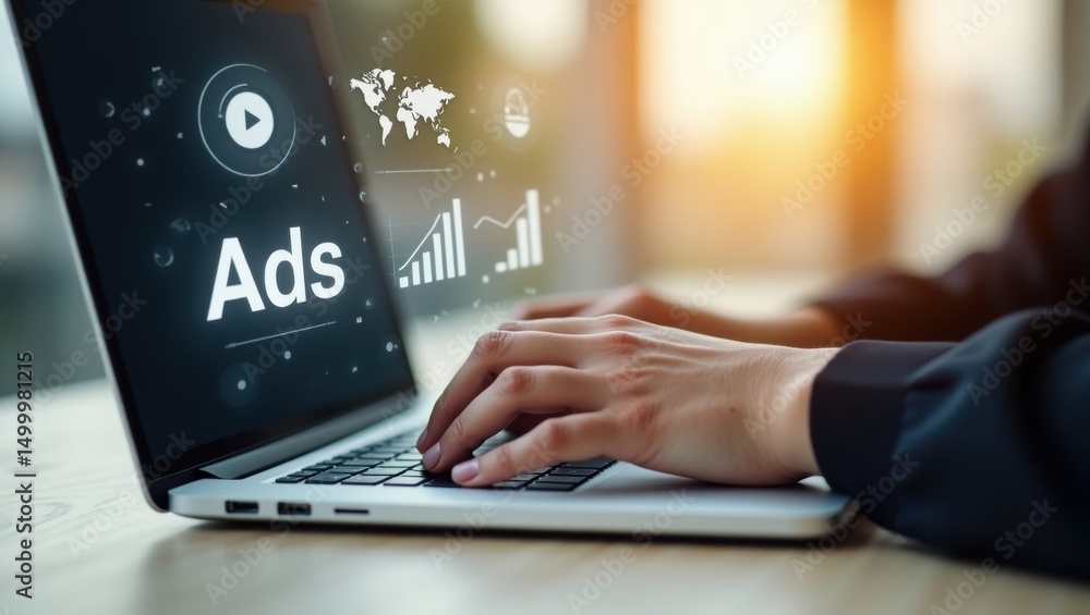 Poster hands typing on a laptop displaying ads data.