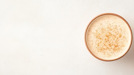Spiced Latte in a Terracotta Cup. Warm autumnal drink, cozy atmosphere, copy space.