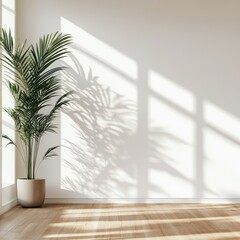 Sunlight streams into a minimalist room with a potted palm tree, casting shadows on the wall