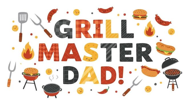 Celebrating Father's Day with a BBQ Feast: A Fun and Colorful Illustration of Grill Master Dad and Delicious Food, Perfect for Festive Greetings and Promotional Materials
