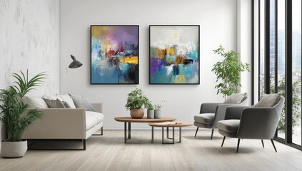 Modern abstract art pieces,  two canvases,  in a stylish living room