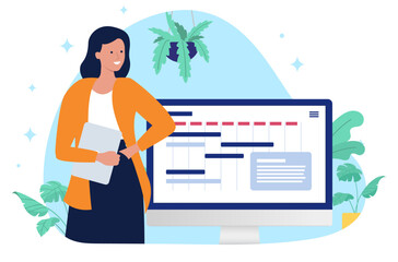 Project manager woman illustration - One smiling person standing with computer and work calendar planning and managing projects for company or business. Flat design vector illustration graphic
