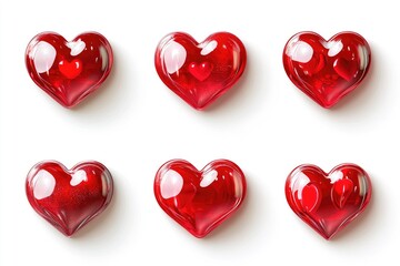 Six glossy red heart-shaped objects, seemingly translucent, arranged in a grid on a white background.  Each heart displays subtle variations in internal shading and reflection