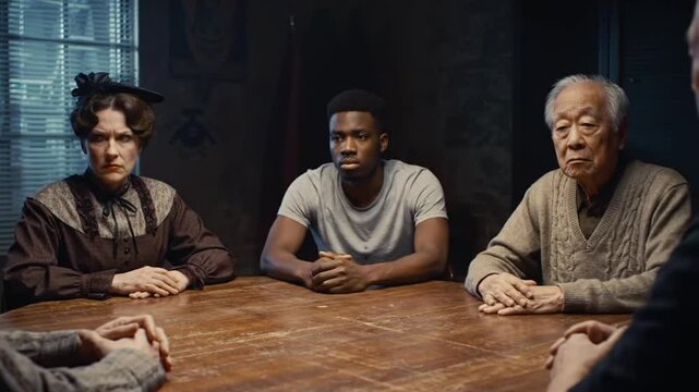 Mysterious Gathering: A suspenseful scene of four individuals seated around a wooden table, their expressions hinting at a shared secret or impending conflict.