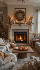 Fototapeta premium Cozy living room with warm blankets, fireplace, autumn decorations, pumpkins, and candles Generative AI
