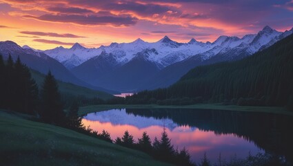A tranquil mountain lake at sunrise.  Colorful sky reflects on the still water,  surrounded by snow-capped peaks and dark green forest