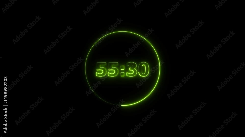 Poster digital countdown timer neon bright lime green color animation of 60 second transparent on black bac