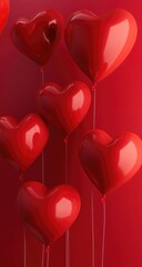 Heart-shaped balloons on strings against a red backdrop