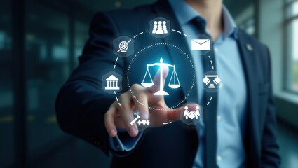 Person interacting with a holographic display of legal concepts.