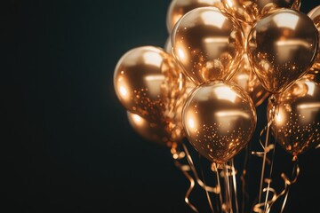 Cluster of golden balloons against dark background