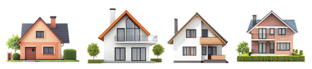 Set of a minimalist modern house exterior, front view, isolated on a transparent background.