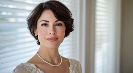 Young Woman With Elegant Hairstyle and Pearl Necklace Gazes Thoughtfully by the Window Indoors