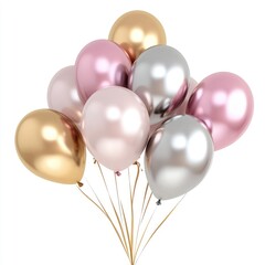 Metallic balloons in rose gold, gold, and silver hues, clustered together