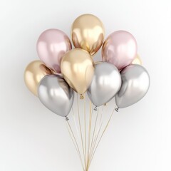 Metallic balloons in rose gold, gold, and silver cluster against white background