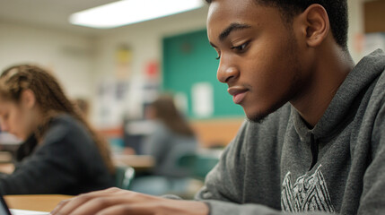 A focused student typing quickly on a laptop during class