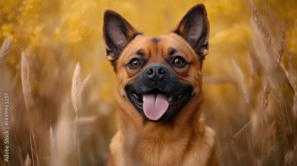 Poster smiling brown dog appears happy in field of wheat with its tongue sticking out. - high quality smili