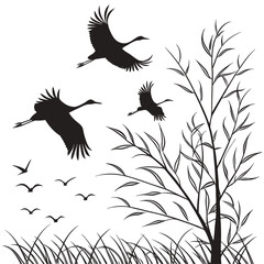 Silhouette of Cranes Flying Over Grass and Willow Tree