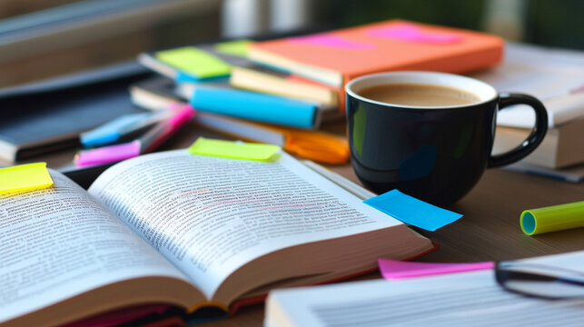 A pile of open books, highlighters, and coffee cup during a study session