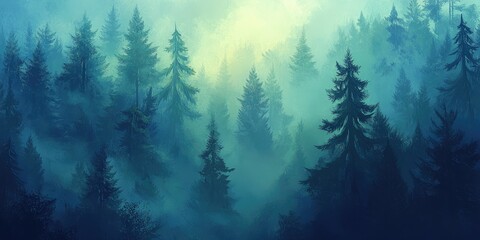Misty forest scene with tall evergreens