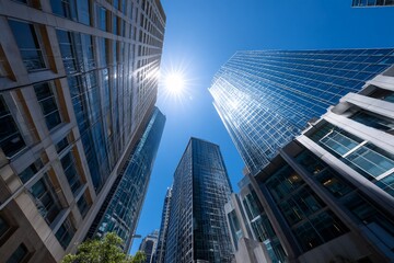 Low-angle view of modern skyscrapers against a bright blue sky