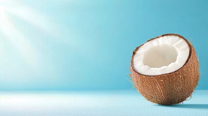 Fresh half coconut on a bright blue background with sunlight. Tropical fruit, summer, healthy food concept.