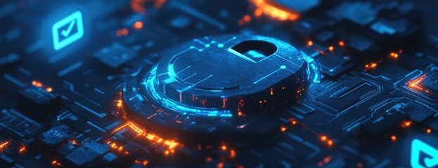 Abstract circuit board with glowing lock symbol