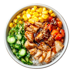  Portion of chicken poke bowl with vegetables and corn [Transparent Background PNG]