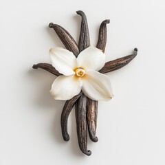 Vanilla pods and flower on white background
