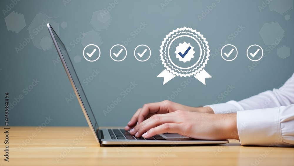 Poster hands typing on a laptop computer with checkmarks overlay.