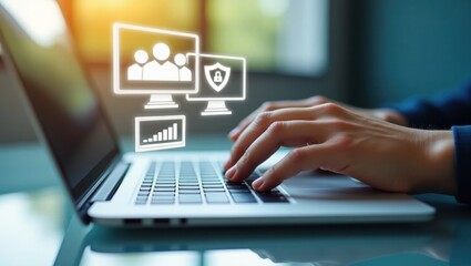 Hands typing on a laptop with digital security icons overlaid.