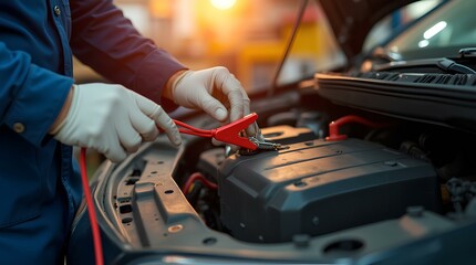 Obraz premium Mechanic working on car battery repair and electrical system maintenance in an auto repair shop using professional diagnostic tools for automotive services