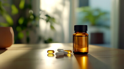 Essential Oil and Pill Bottle on White Surface