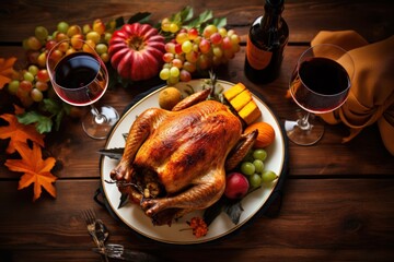 Roast turkey on a rustic table. Grapes, pumpkins and red wine. Top view on an autumn table. Thanksgiving Day.