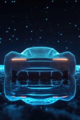 Futuristic car, glowing blue lines, reflected in water, dark night sky