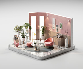 Isometric view living room cozy style open inside interior architecture 3d rendering	
