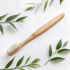 Bamboo toothbrush surrounded by green leaves isolated on white background