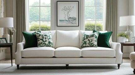 Set of Living Room Furniture with White Sofa and Green Pillow for Comfortable Seating Area 