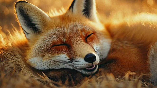 Red fox resting in golden light, close-up of vulpine animal in its habitat with warm natural colors
