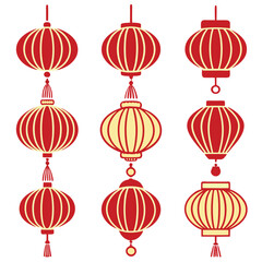 Nine Red and Gold Chinese Lanterns Festive Decorations