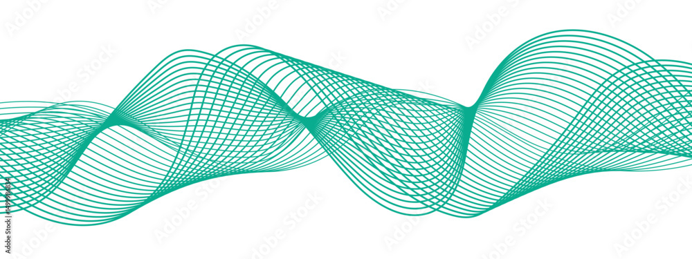 Poster abstract flowing wave pattern spaced green lines forming wave and motion on white background. lines 