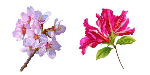 Fototapeta premium Exquisite digital illustration of pink cherry blossoms and vibrant red flower on transparent background