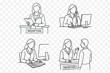  Receptionist & Front Desk Line Art Vector Set – Female Staff in Customer Service Roles