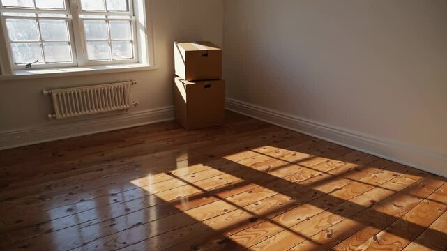 Soft sunlight filtering across hardwood floor, illuminating scattered cardboard boxes in bare, serene interior signaling transitional living space and forthcoming changes