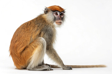 Obraz premium Ultra-High-Resolution Portrait of a Red-Eared Patas Monkey Sitting on a White Background Capturing Crisp Detailed Fur Texture, Expressive Facial Features and Natural Primate Pose in Soft Neutral Light