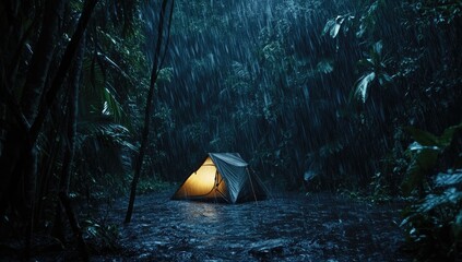 Jungle campsite in torrential rain