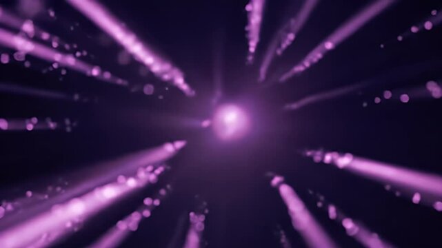 Dark black background with light shades and rays of light. Loop background with black, purple tones and vivid light trails.