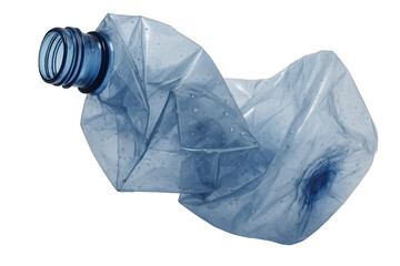 Fototapeta premium A crumpled blue plastic bottle with visible water droplets.