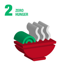 Zero Hunger 3D icon. A bowl of steamed food is served. Sustainable Development global goals concept for non-profit organization. High-quality 3D Render.